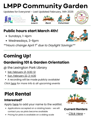 Flyer for LMPP Community Garden with info on public hours, upcoming gardening classes at Lexington Park Library, and plot rental details. Includes images of gardening and community activities.