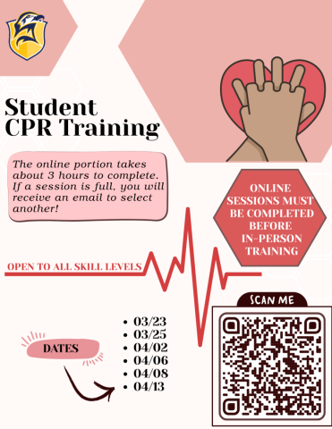 Student CPR training flyer with course dates, a QR code