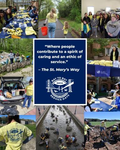 Collage of people wearing yellow shirts participating in various community service activities, with a central quote about the spirit and ethic of service from St. Mary's College of Maryland.