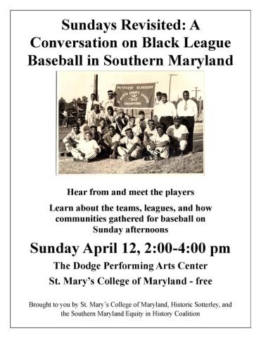Flyer for an event titled “Sundays Revisited: A Conversation on Black League Baseball in Southern Maryland,” with event details and a black-and-white photo of a historic baseball team.
