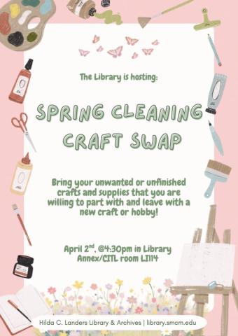 A flyer for a Spring Cleaning Craft Swap at Hilda C. Landers Library, scheduled for April 2nd at 4:30pm, with illustrated craft supplies around the border.