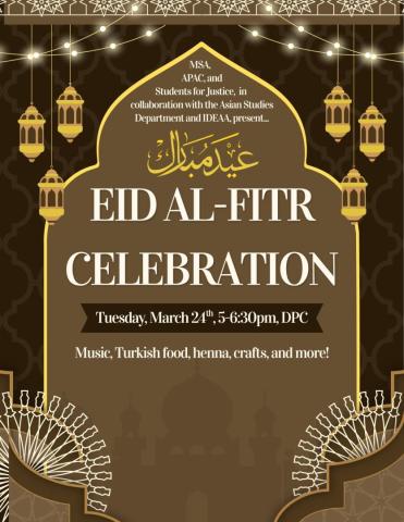 Eid Al-Fitr celebration event flyer with date, time, location, and highlights including music, Turkish food, henna, crafts, and decorative patterns.