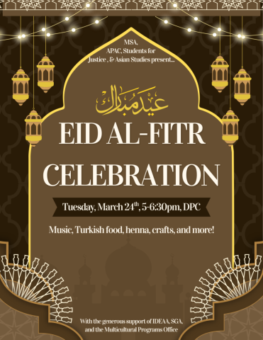 Event poster for an Eid Al-Fitr celebration on March 24th, 5-6:30pm, featuring music, Turkish food, henna, and crafts, with lantern and decorative patterns in the background.