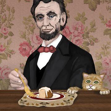 A man in a suit with a red bow tie sits at a table with cake, holding a fork, while a cat peeks over the table’s edge.