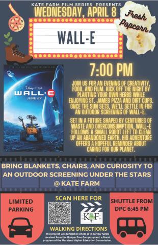 Outdoor movie night poster for "Wall-E" on April 8 at 7:00 PM, featuring event details, parking info, walking directions, and shuttle service, with images of popcorn and transportation.