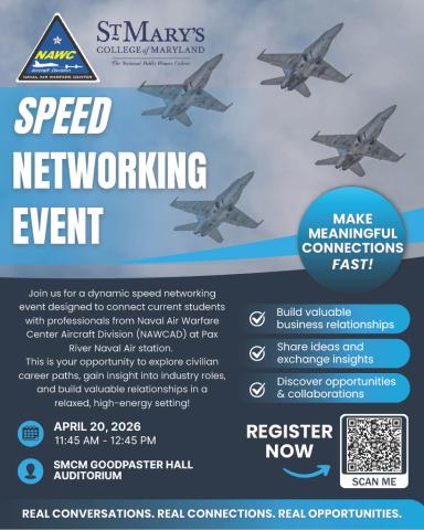 Event flyer for a Speed Networking Event at St. Mary's College of Maryland featuring four jet planes, event details, and registration information.