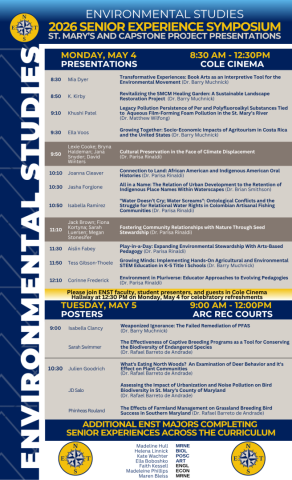 Schedule for the 2026 Environmental Studies Senior Experience Symposium featuring presentation titles, times, presenters, and locations for Monday, May 4 at Cole Cinema, 8:30 AM–12:30 PM.