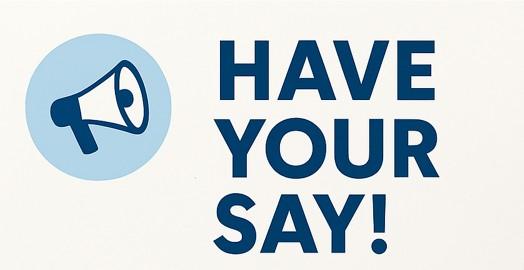 A graphic with a megaphone icon on the left and the bold text "HAVE YOUR SAY!" on the right.
