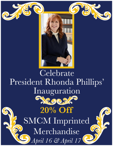 A woman in a suit stands smiling in a framed photo. Text announces 20% off SMCM imprinted merchandise for President Rhonda Phillips’ inauguration on April 16 and 17.