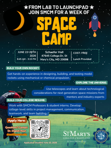 Flyer for SMCM Space Camp, June 22-29, 2026, in Maryland. Activities include rocket building, space exploration, and STEM skills. Free; lunch provided. Application deadline: June 15, 2026.