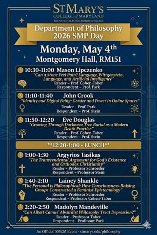Schedule poster for St. Mary's College of Maryland 2026 Philosophy SMP Day with speaker names, presentation times, topics, locations, and official event branding.
