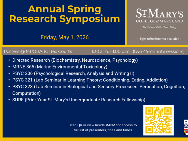 Event flyer for St. Mary’s College Annual Spring Research Symposium on May 1, 2026, listing poster topics and a QR code for more information.