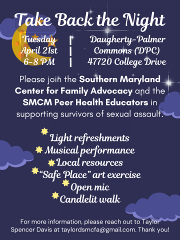 Flyer for "Take Back the Night" event on April 21st, 6-8 PM at Daugherty-Palmer Commons, with activities supporting survivors of sexual assault.