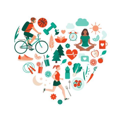Heart-shaped collage with illustrations of a cyclist, runner, person meditating, fruits, vegetables, fitness equipment, and wellness icons on a white background.