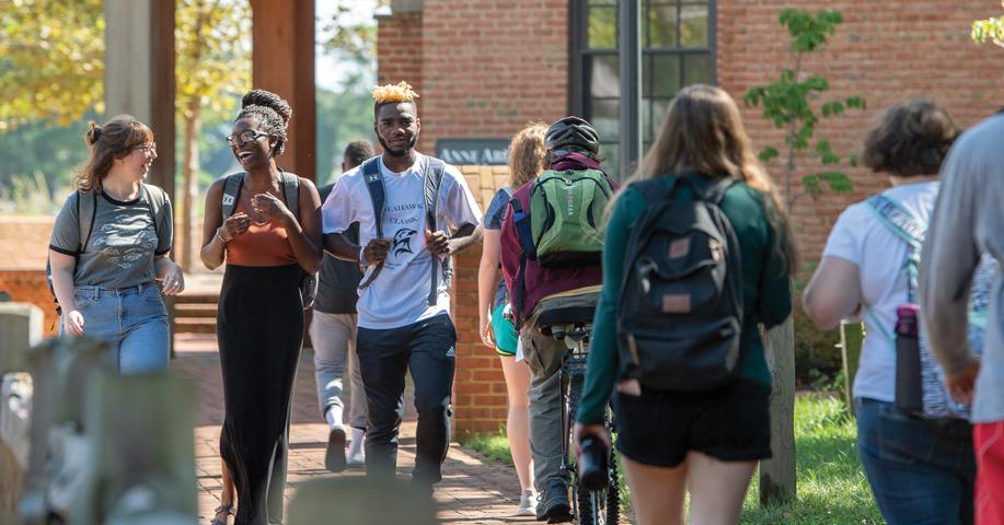 A group of college students walk and talk on a campus path bordered by grass and brick buildings on a sunny day.
