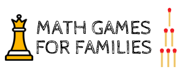 A yellow chess piece and five matches accompany the text “Math Games for Families” in black on a white background.