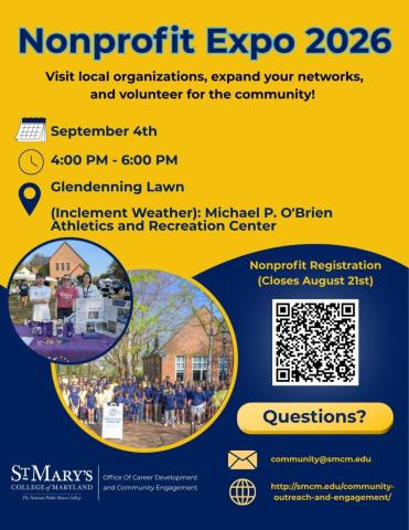 Nonprofit Expo 2026 flyer with event details for September 4th, 4-6 PM at Glendening Lawn, QR code for registration, and St. Mary's College of Maryland logo at the bottom.