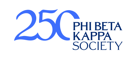 Blue text reads "250 PHI BETA KAPPA SOCIETY" marking the 250th anniversary of the Phi Beta Kappa Society on a white background.