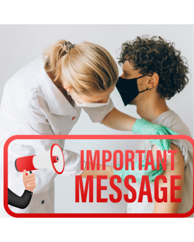 A healthcare worker in a white coat vaccinates a person wearing a mask and gloves. A graphic overlay reads "IMPORTANT MESSAGE" with a megaphone icon.