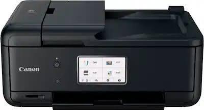 A black Canon all-in-one printer with a touchscreen display and paper tray, shown from the front.