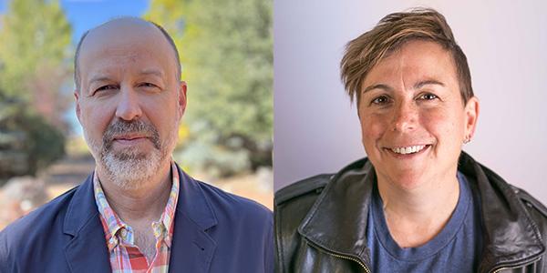 Two people are shown side by side; the person on the left is outdoors wearing a blazer, while the person on the right is indoors wearing a leather jacket and t-shirt, smiling at the camera.