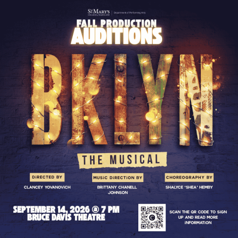 Audition poster for “BKLYN The Musical” at Bruce Davis Theater, September 14, 2026, 7 PM. Includes director, music, and choreography credits, and a QR code for info.