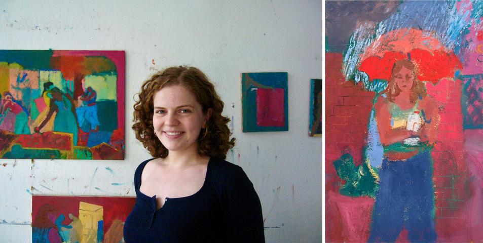 A woman with curly hair stands in front of colorful paintings in a studio; a close-up of one painting, featuring a person with an umbrella, is shown on the right.