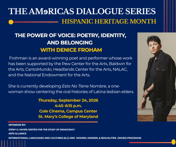 Promotional flyer for an event with Denice Frohman on poetry, identity, and belonging, featuring event details and a photo of Frohman standing against a plain background.