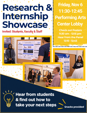 Flyer for a Research & Internship Showcase on Friday, Nov 6, in the Performing Arts Center Lobby, featuring student presentations and a panel discussion.