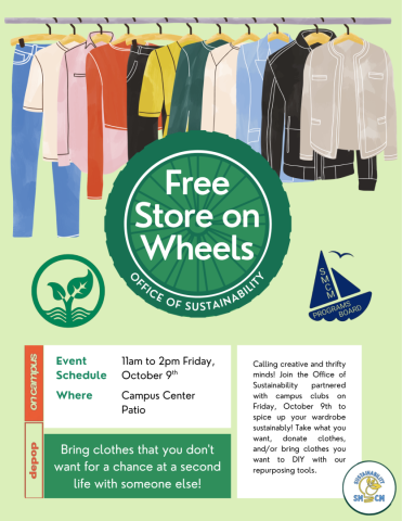 Flyer for the “Free Store on Wheels” event on October 9th at the Campus Center Patio, featuring clothing donation and repurposing details.