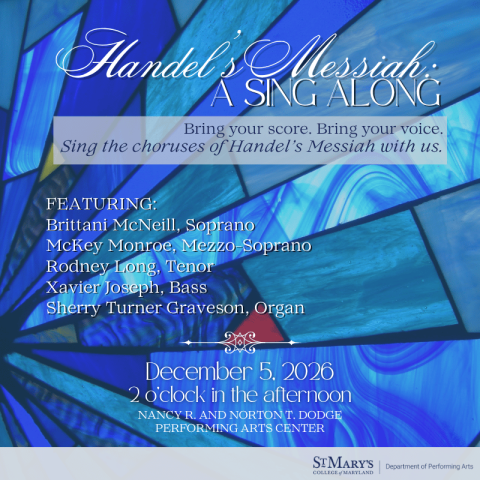 Event poster for Handel’s Messiah: A Sing Along on December 5, 2026, at the Nancy R. and Norton T. Dodge Performing Arts Center, featuring four vocalists and an organist.