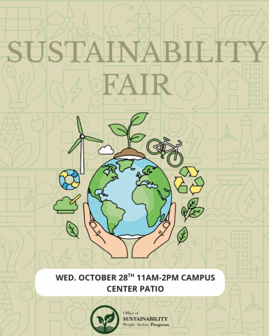 Sustainability Fair flyer for Wednesday, October 28th, 11am-2pm at the Campus Center Patio.