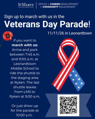 Flyer for the St. Mary’s College of Maryland Veterans Day Parade in Leonardtown on 11/11/26, featuring event logistics, a red poppy, a patriotic ribbon, and a QR code for registration.