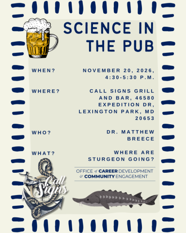 Event flyer for Science in the Pub on November 20, 2026, at Call Signs Grill and Bar, featuring a talk by Dr. Matthew Breece on sturgeon migration.