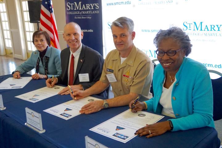 Pictured: (L-R) Bonnie Green, executive director, The Patuxent Partnership; Ashley Johnson, NSWC IHEODTD technical director; Scott Kraft, NSWC IHEODTD commanding officer; Tuajuanda C. Jordan, St. Mary’s College president
