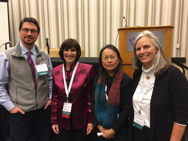 Assistant Professor Environmental Studies Barry Muchnick, Chair, Caryn McTighe Musil (Senior Scholar and Director of Civic Learning and Democracy Initiatives, AAC&U), and fellow panelists (and awardees) Feng Lui (Associate Prof. Informatics, Mercer University), and Spoma Jovanovic (Prof. Communication Studies, UNC Greensboro).