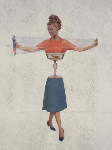 Pictured: Sue Johnson, “Visible Woman” from Hall of Portraits from The History of Machines, 2019, monoprint over original collage printed on canvas