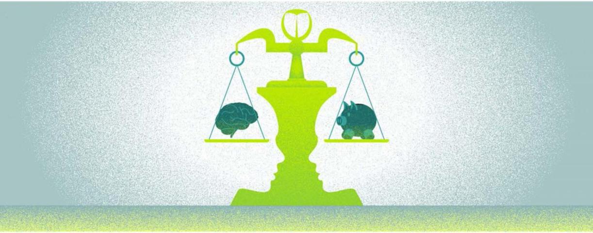 Scale pictured with brain on one side and piggy bank on the other