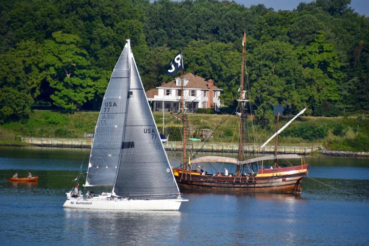 Boats coming ashore in St. Mary's River during last Governor's Cup race