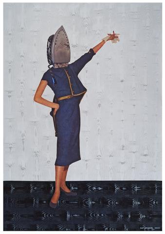 Image: “(I am) Not An Iron,” from “Hall of Portraits from The History of Machines,” 59" x 42", acrylic painting over print on canvas, 2019
