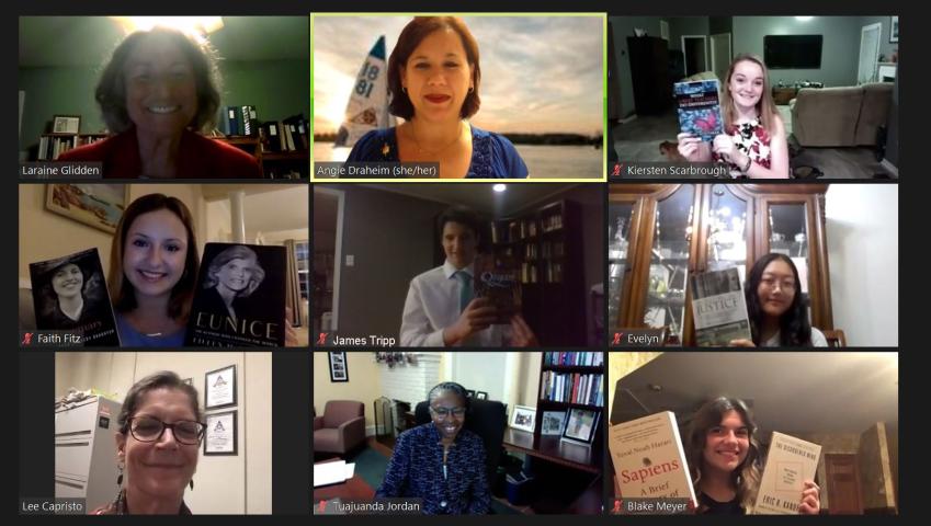 Shown in photo (top row, left to right): Laraine Glidden (SMCM distinguished professor emerita and SMCM Zeta Chapter book award coordinator); Angie Draheim (SMCM Zeta Chapter vice president); Kiersten Scarbrough (Leonardtown); (middle row, left to right): Faith Anne Fitz (King’s Christian); James Tripp (Chopticon); Evelyn Kim (Great Mills); (bottom row, left to right): Lee Capristo (SMCM Zeta Chapter president); Tuajuanda C. Jordan, PhD (SMCM president); Blake Meyer (St. Mary’s Ryken).