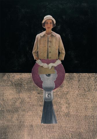 Sue Johnson, “Self-Erasing Woman,” Hall of Portraits from The History of Machines, acrylic over print on canvas from artists original image with imprinting from daisy-pattern fabric, 2020