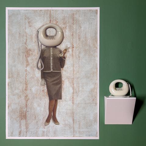 Sue Johnson, exhibition view of Briinng and Western Electric Sculptura 'doughnut" telephone, Hall of Portraits from The History of Machines, 2021, Workhouse Arts Center.