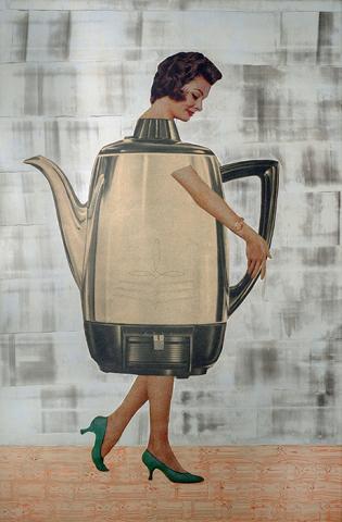 Image: Pour Me, Hall of Portraits from The History of Machines 2019 Unique acrylic painting over printed reproduction on canvas from artist’s original image 109.25" x 72"