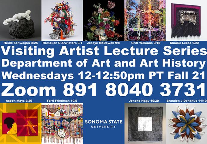 Grid of images of artworks surrounding text announcing Sonoma State University Visiting Artist Lecture Series.