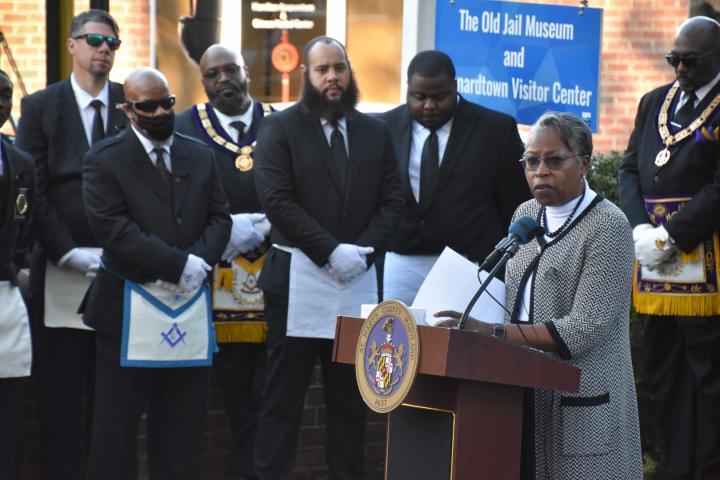 President Tuajuanda Jordan delivers keynote address outside of the Leonardtown Jail museum