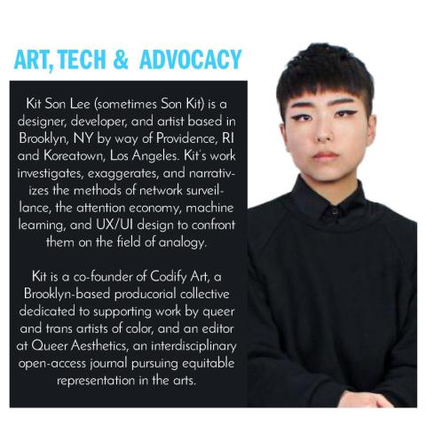 Asian person in black against white background with text.