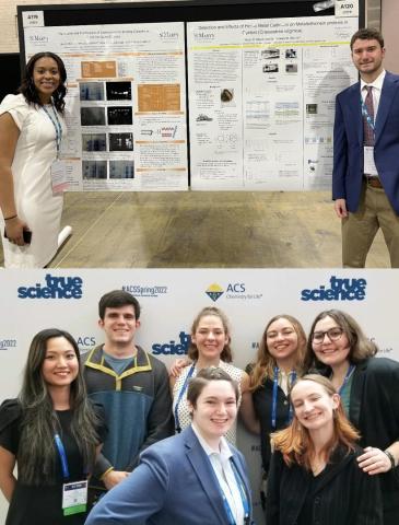 Two pictures of students smiling in front of scientific posters.