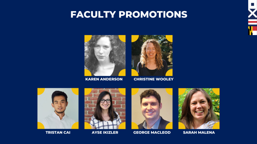 Graphic that Reads "Faculty Promotions" and includes six images of faculty members who have been promoted