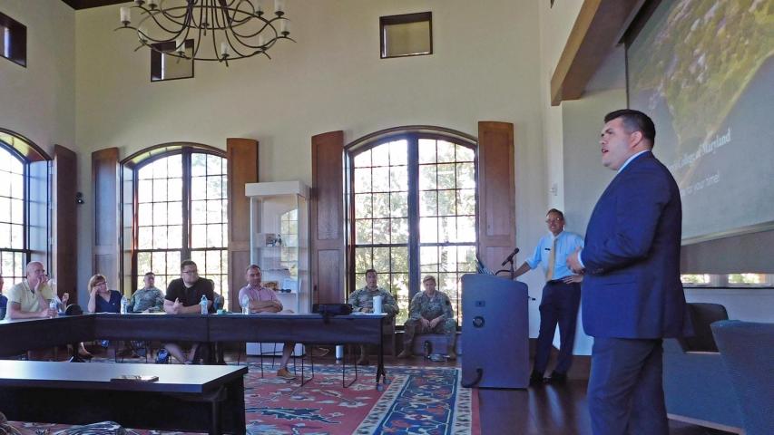Associate Professor of Political Science and Director of the Center for the Study of Democracy Antonio Ugues Jr. speaks to delegation from Pärnu County, Estonia at SMCM earlier this month